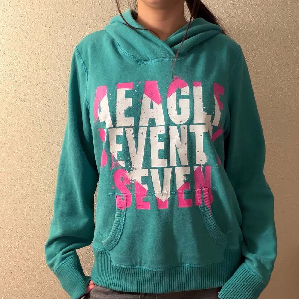 American Eagle Outfitters AEO 77 Teal Green Pullover Hoodie Sweatshirt Size L